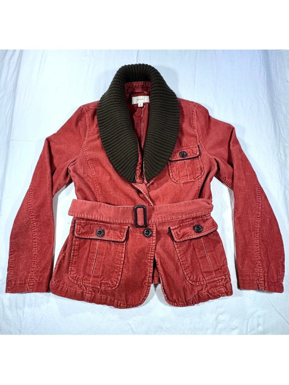 Merona Rust Corduroy Belted Jacket with Knit Shawl Collar - Size M